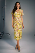 Flutter Sleeve V-Neck 3D Floral Applique Mesh Midi Dress