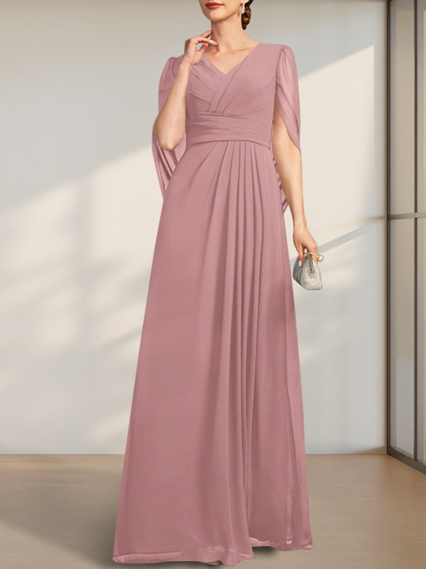 A-Linien V-Ausschnitt bodenlanges Chiffonkleid für die Brautmutter mit Falten