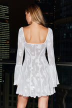 Flared Sleeve Square Neck Tie-Front A-Line Mini Dress