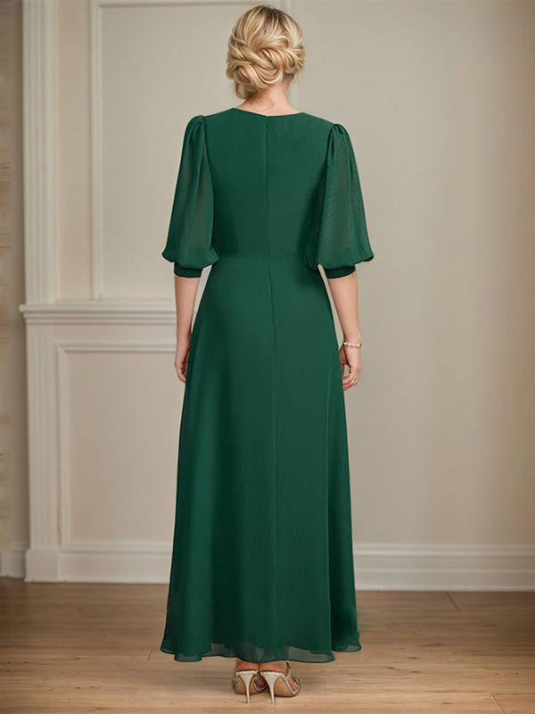 Vestido de madre de la novia en línea A, largo hasta el tobillo, de gasa con escote en V, lentejuelas plisadas y bordado
