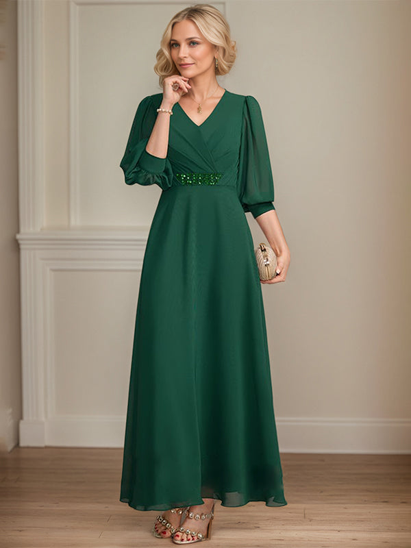 Vestido de madre de la novia en línea A, largo hasta el tobillo, de gasa con escote en V, lentejuelas plisadas y bordado