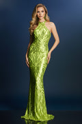 Geometric Pattern Sequin Halter Neck Mermaid Evening Gown