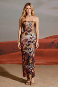 Strapless Floral Sequin Embellished Column Maxi Dress