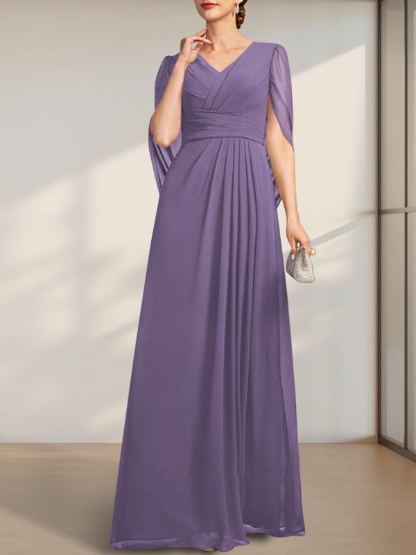 A-Linien V-Ausschnitt bodenlanges Chiffonkleid für die Brautmutter mit Falten