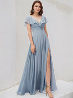 Staubblaues A-Linien Chiffonkleid mit V-Ausschnitt und bodenlanger Länge, Brautjungfernkleid