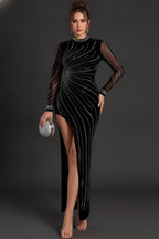 Rhinestone Embellished Long Sleeve Mermaid Gown with Slit