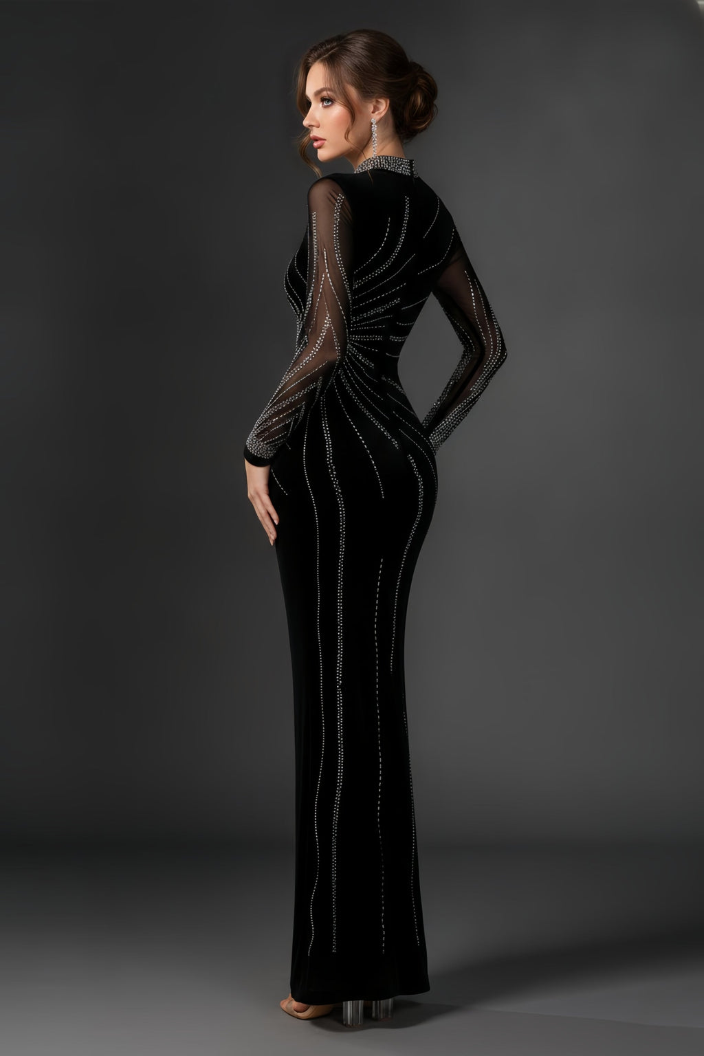 Rhinestone Embellished Long Sleeve Mermaid Gown with Slit