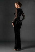 Rhinestone Embellished Long Sleeve Mermaid Gown with Slit