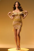 Luxury Sculptural Collar Sequin Fringe Cocktail Mini Dress