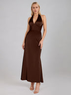 Moca Coco Sheath/Column Satin Halter Neck Sleeveless Ankle Length Dress