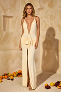 Plunging Halter Tie Front Ruched Backless Maxi Dress
