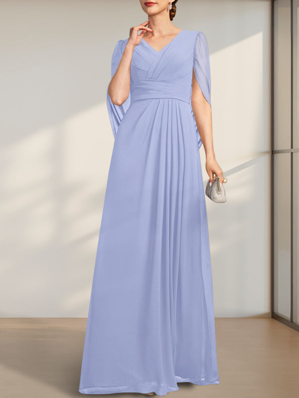 A-Linien V-Ausschnitt bodenlanges Chiffonkleid für die Brautmutter mit Falten