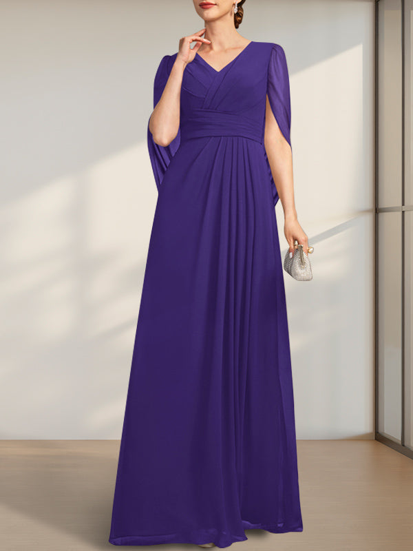 A-Linien V-Ausschnitt bodenlanges Chiffonkleid für die Brautmutter mit Falten