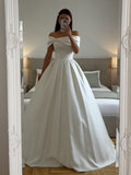 Off-Shoulder Twist Collar Satin A-Line Pleated Skirt Wedding Dress