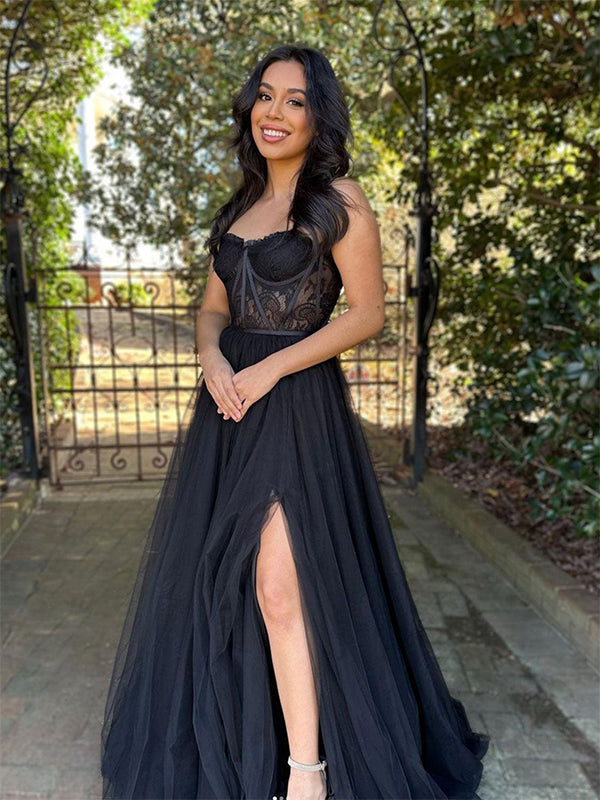 Red A-Line Strapless Sweetheart Neck Lace Long Prom Dress