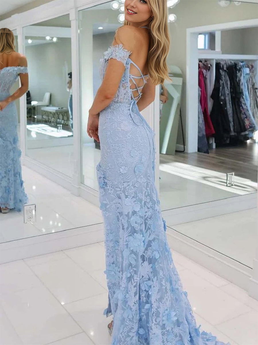 3D Floral Lace Off the Shoulder Corset Long Prom Dress with Slit
