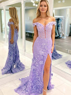 3D Floral Lace Off the Shoulder Corset Long Prom Dress with Slit