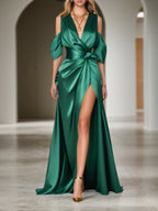 Formal Evening Gown Green Satin Cold Shoulder Maxi Dress