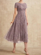 Robe de mère de la mariée A-line en tulle et dentelle, col arrondi, longueur thé