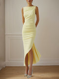 Yellow Round Neck Sleeveless Asymmetrical Length Chiffon Dress With Ruffles