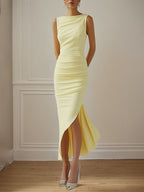 Yellow Round Neck Sleeveless Asymmetrical Length Chiffon Dress With Ruffles
