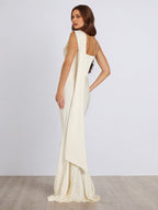 Ivory Satin Asymmetrical Neck Sleeveless Floor Length Dress With 3D Flower