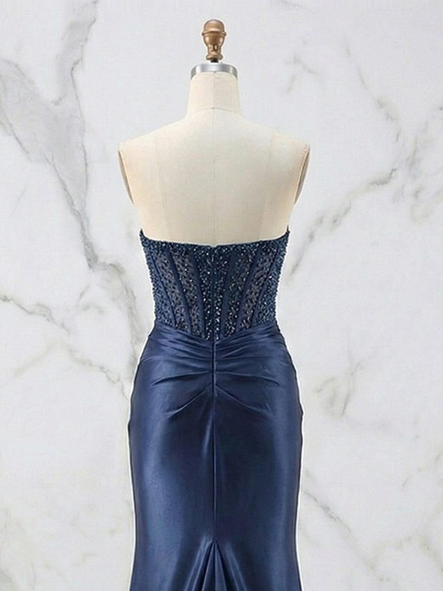 Vestido de fiesta glamoroso de satén con corsé sin tirantes y cuentas, con abertura