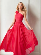 Chiffon One Shoulder 3D Floral Floor-Length Evening Dress