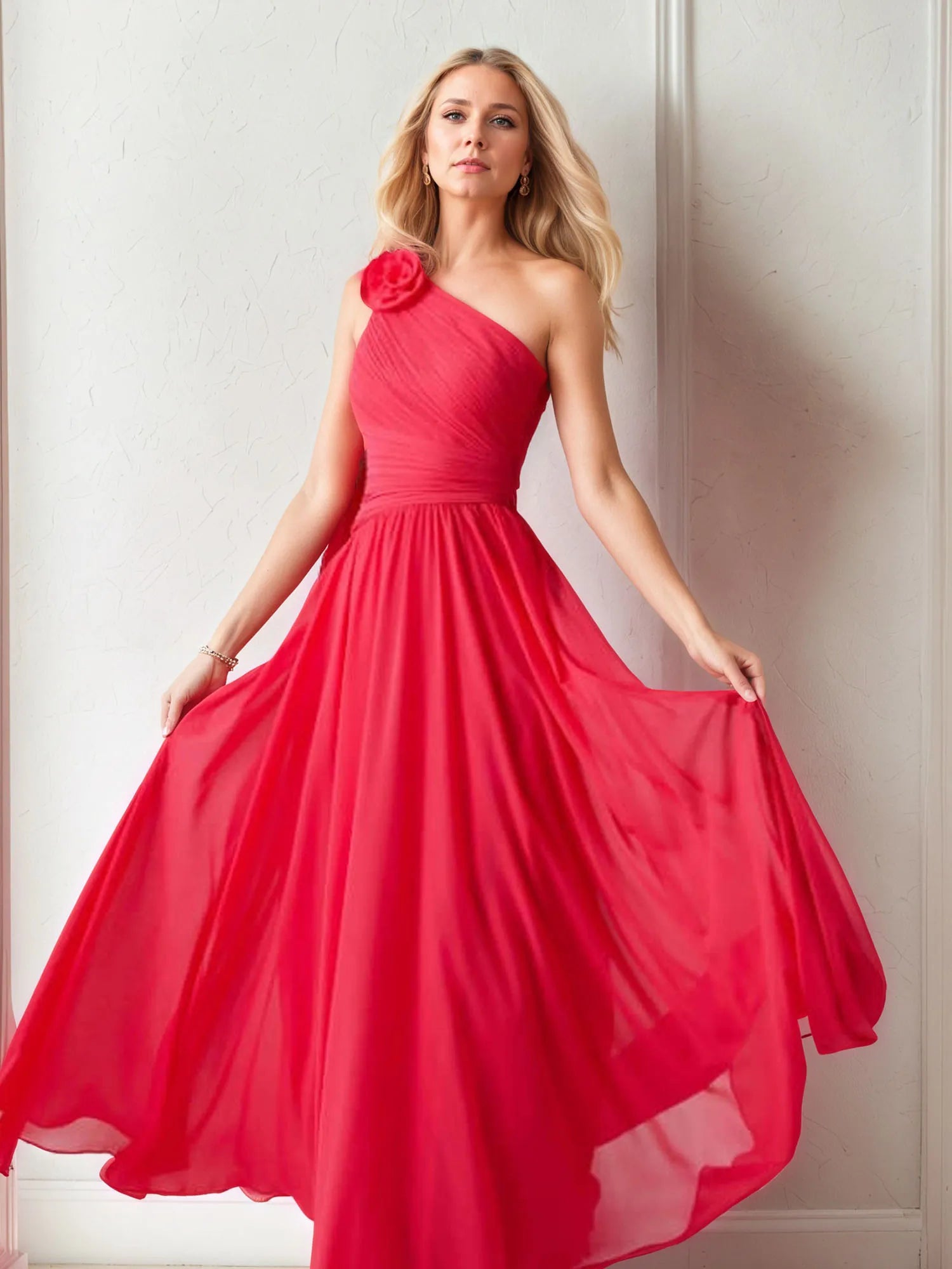 Chiffon One Shoulder 3D Floral Floor-Length Evening Dress