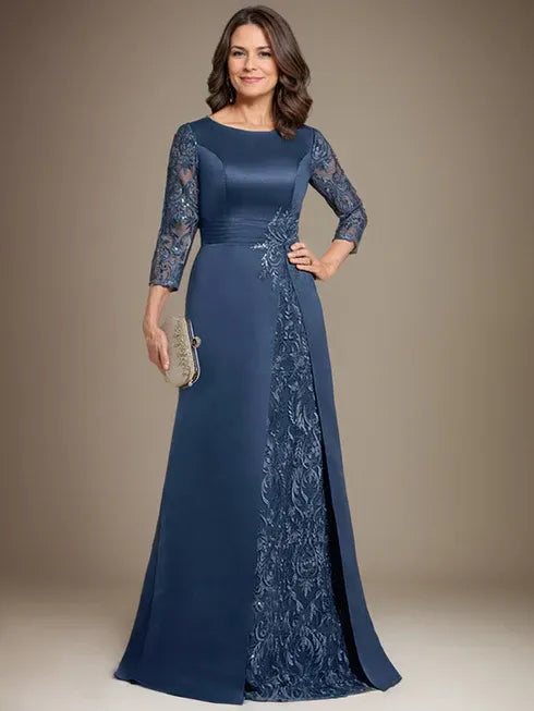 Vestido de madre de la novia largo hasta el suelo con encaje, satén, línea A, escote redondo y aplicaciones