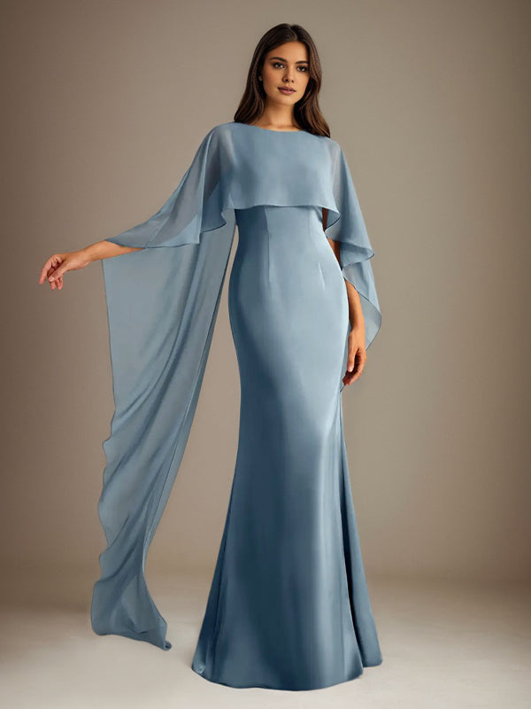 Vestido de madre de la novia largo tipo columna con escote barco, de gasa y volantes en cascada