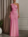 Evening Formal Dress Pink One Shoulder Ruched Maxi Dress