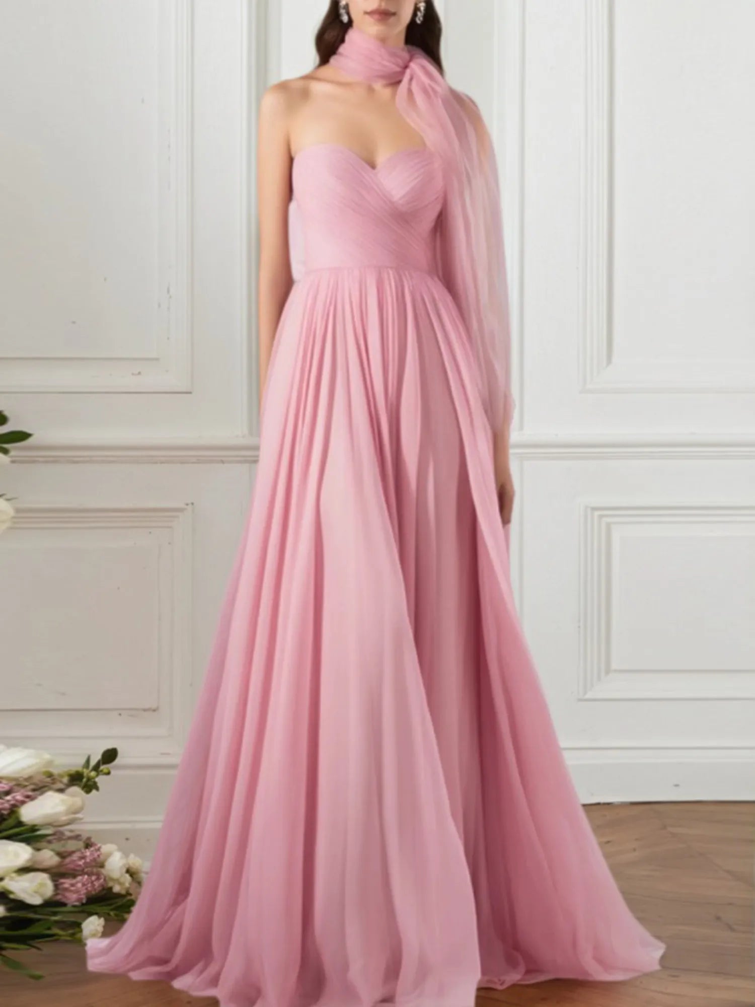 Formal Evening Mesh Dress Pink with Scarf Maxi Gown
