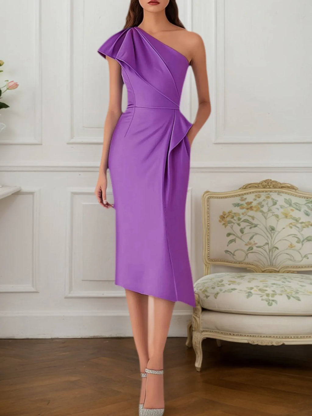 Vestido de invitada de boda de otoño morado midi de un solo hombro con bolsillos