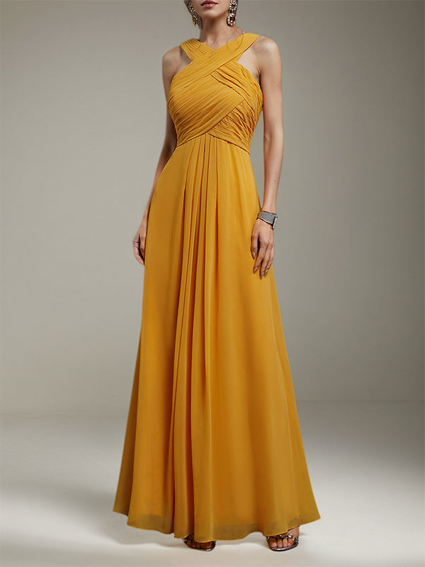 Robe longue jaune en chiffon, coupe trapèze, col croisé, sans manches