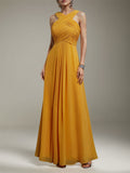 Robe longue jaune en chiffon, coupe trapèze, col croisé, sans manches