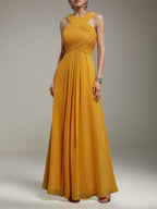 Robe longue jaune en chiffon, coupe trapèze, col croisé, sans manches