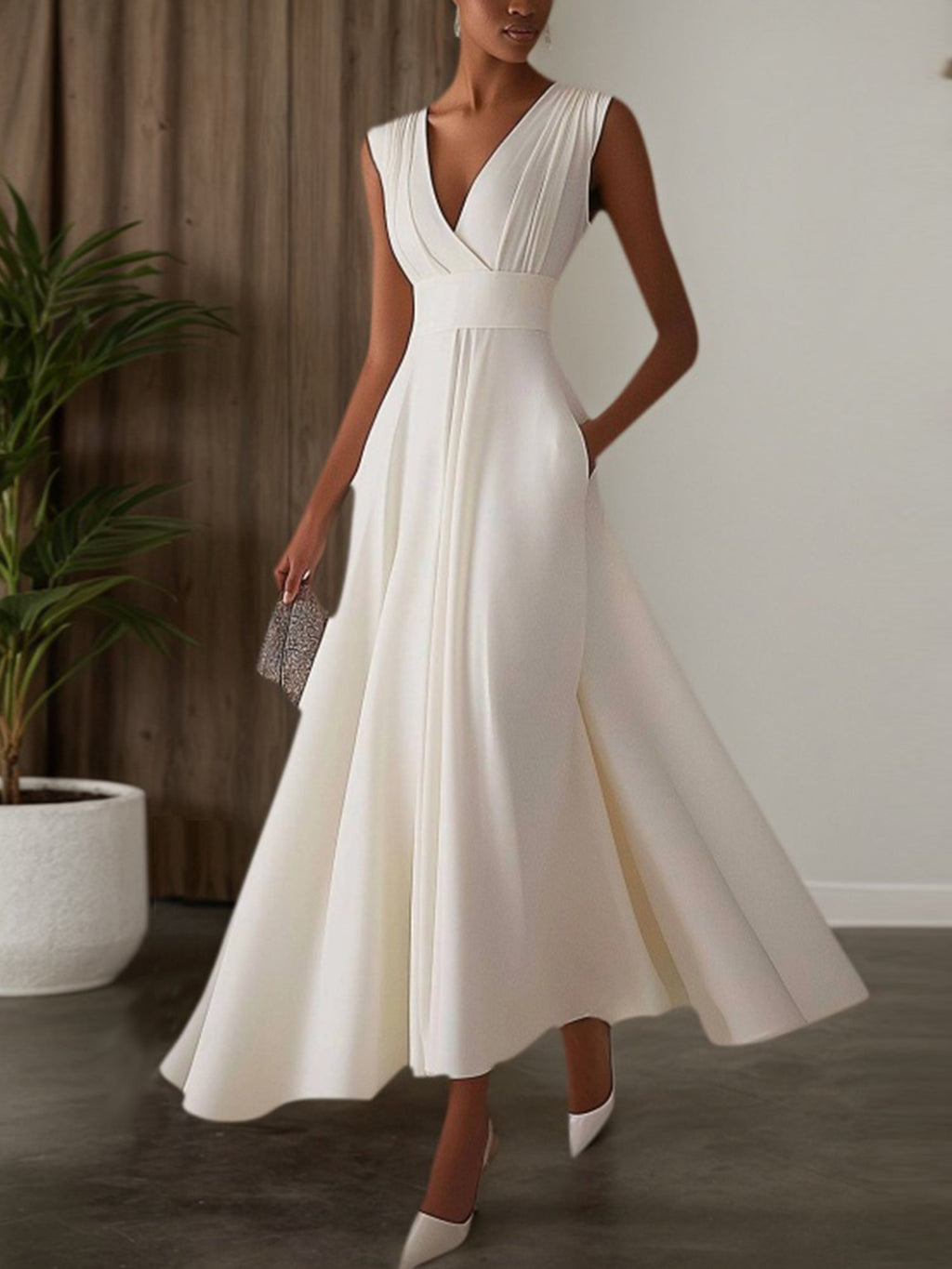 Evening Elegant Dress Sleeveless Deep V Neck Pleated Design Ball Gown Maxi Dress