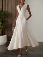 Evening Elegant Dress Sleeveless Deep V Neck Pleated Design Ball Gown Maxi Dress