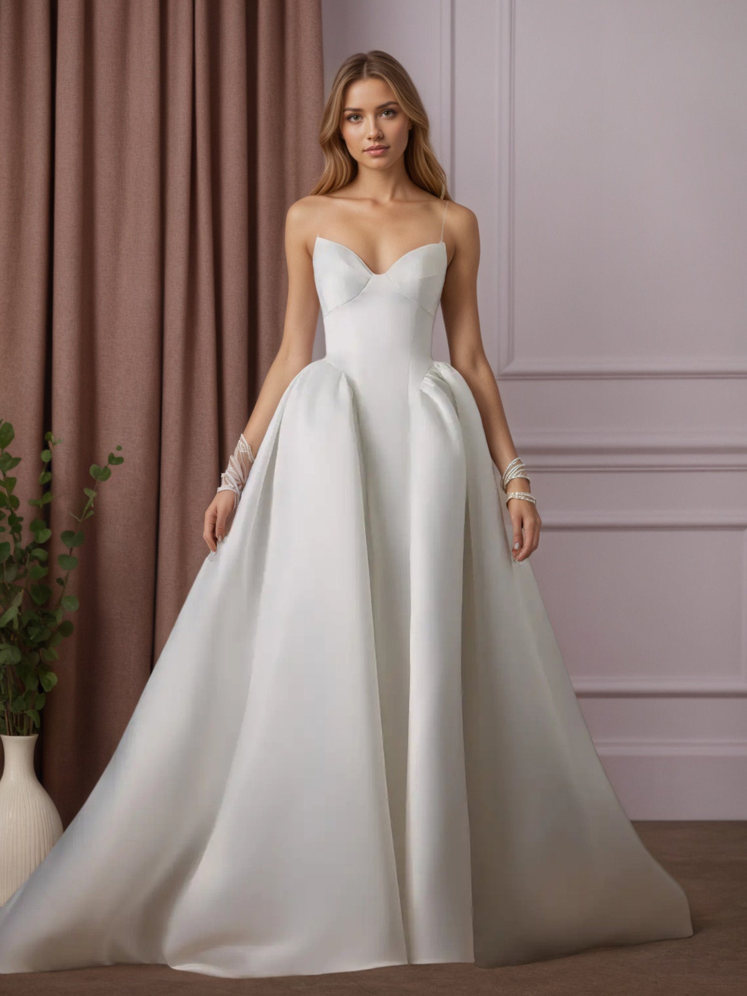 Vestido de novia blanco en línea A sin tirantes de satén