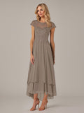 A-Linien Boot-Ausschnitt Illusions asymmetrisches Chiffon-Spitzen Mutterkleid der Braut mit Applikationsfalten