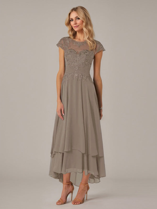 A-Linien Boot-Ausschnitt Illusions asymmetrisches Chiffon-Spitzen Mutterkleid der Braut mit Applikationsfalten
