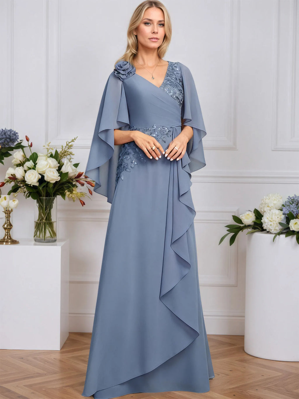 Vestido para la madre de la novia línea A con escote en V, largo hasta el suelo, encaje y gasa con lentejuelas florales 3D y volantes en cascada
