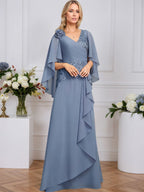Vestido para la madre de la novia línea A con escote en V, largo hasta el suelo, encaje y gasa con lentejuelas florales 3D y volantes en cascada