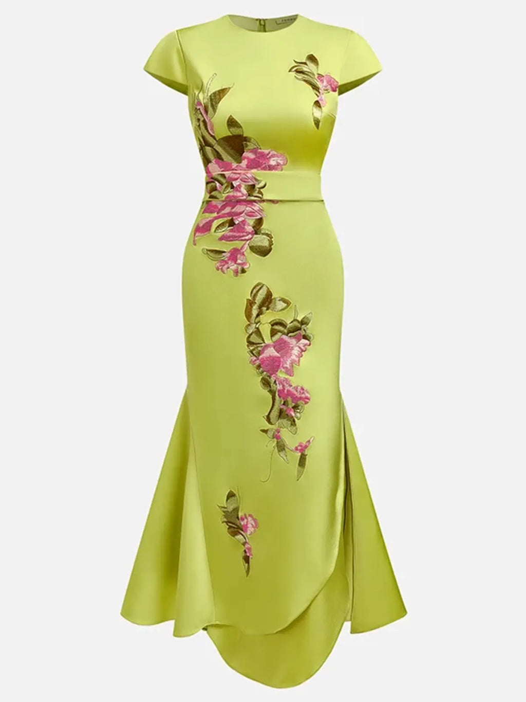Vestido maxi tipo tubo con bordado floral verde, manga corta con volante y abertura