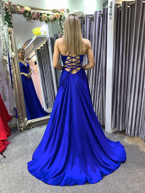 Robe longue de bal bleu ligne A, bretelles spaghetti, col en V en satin, avec fente