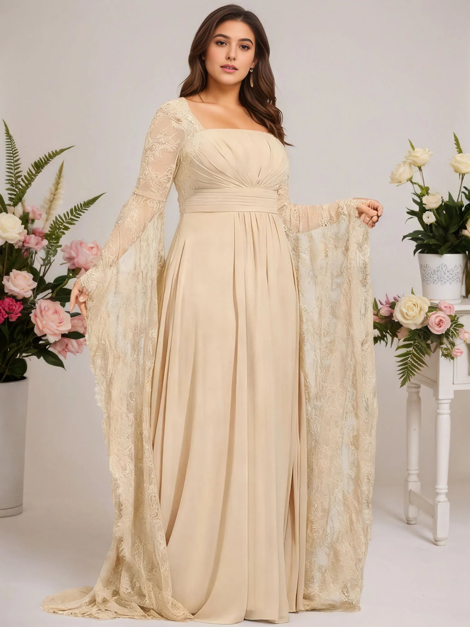 A-Linien quadratisches bodenlanges Chiffon-Spitzen-Abendkleid mit Perlenbesatz und Plissees