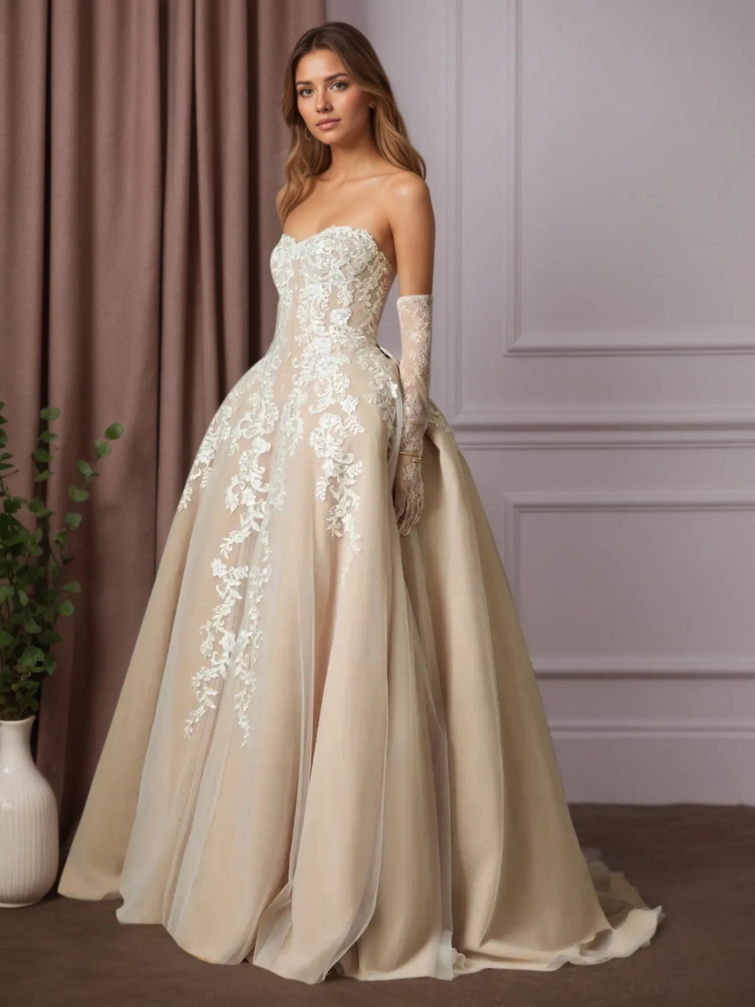 Abito da sposa bianco champagne a gonna ampia senza spalline in pizzo