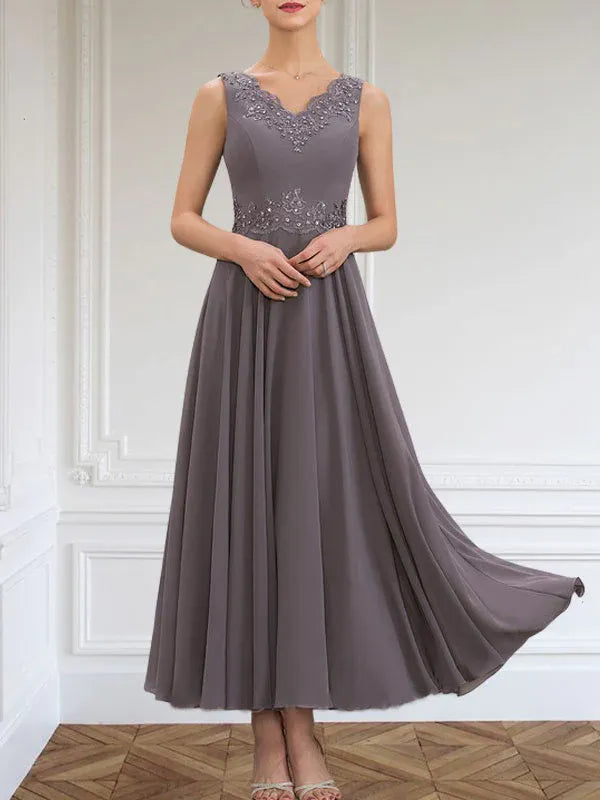 A-Linien Kleid mit V-Ausschnitt, knöchellang, aus Chiffon, Mutter der Braut Kleid mit Pailletten, Applikationen, Spitze und Perlenbesatz