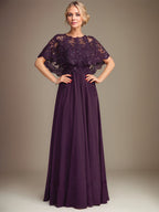 A-Linien Spitzen-Chiffon-Mutter-der-Braut-Kleid mit Bootsausschnitt, bodenlang und Applikations-Pailletten